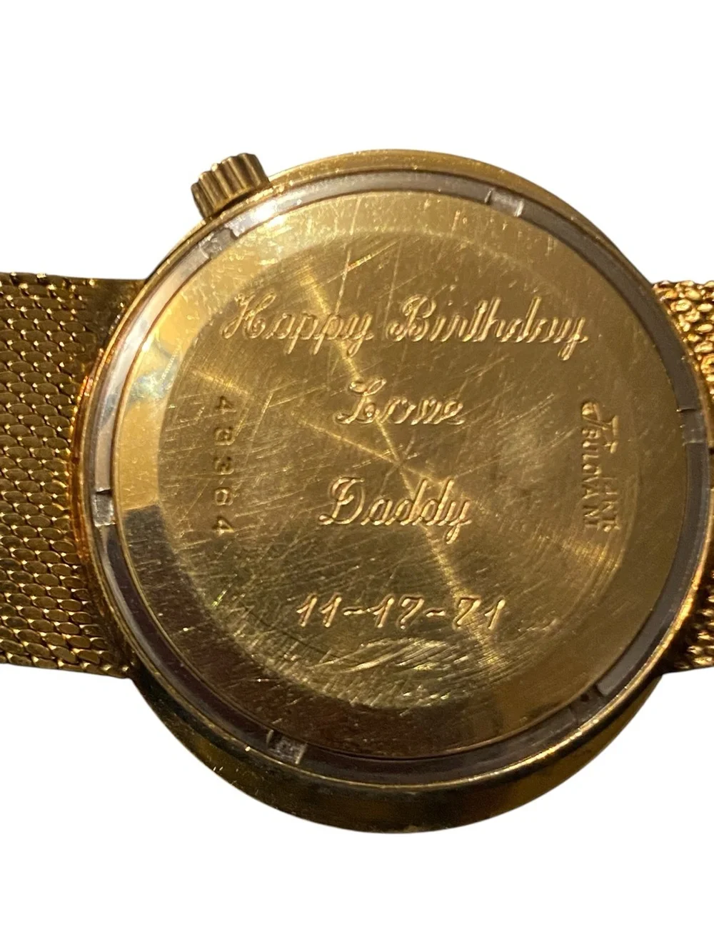 Estate Bulova Accutron 14k Gold Watch with Blue Lapis Dial and gold numeral mark